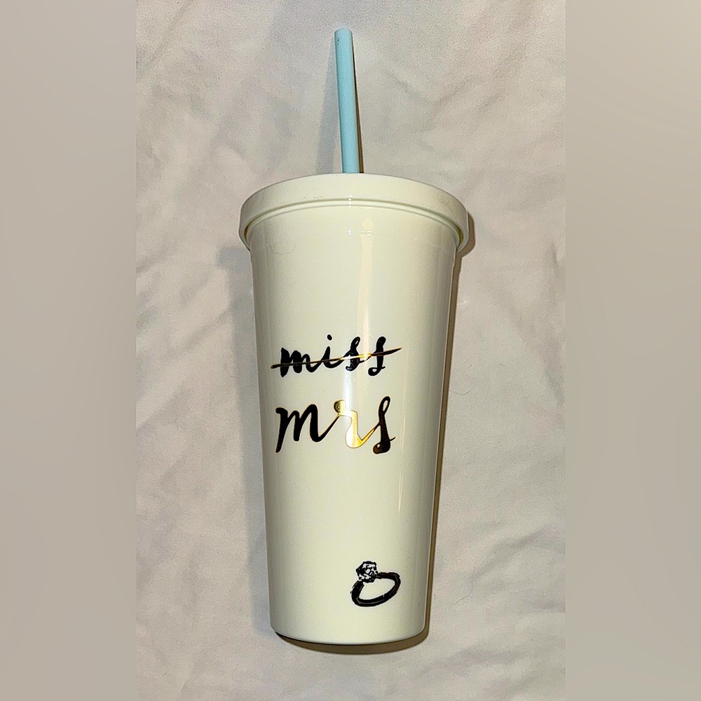Kate Spade Miss To Mrs. In Gold, 
Off White Tumbler With light Blue Straw